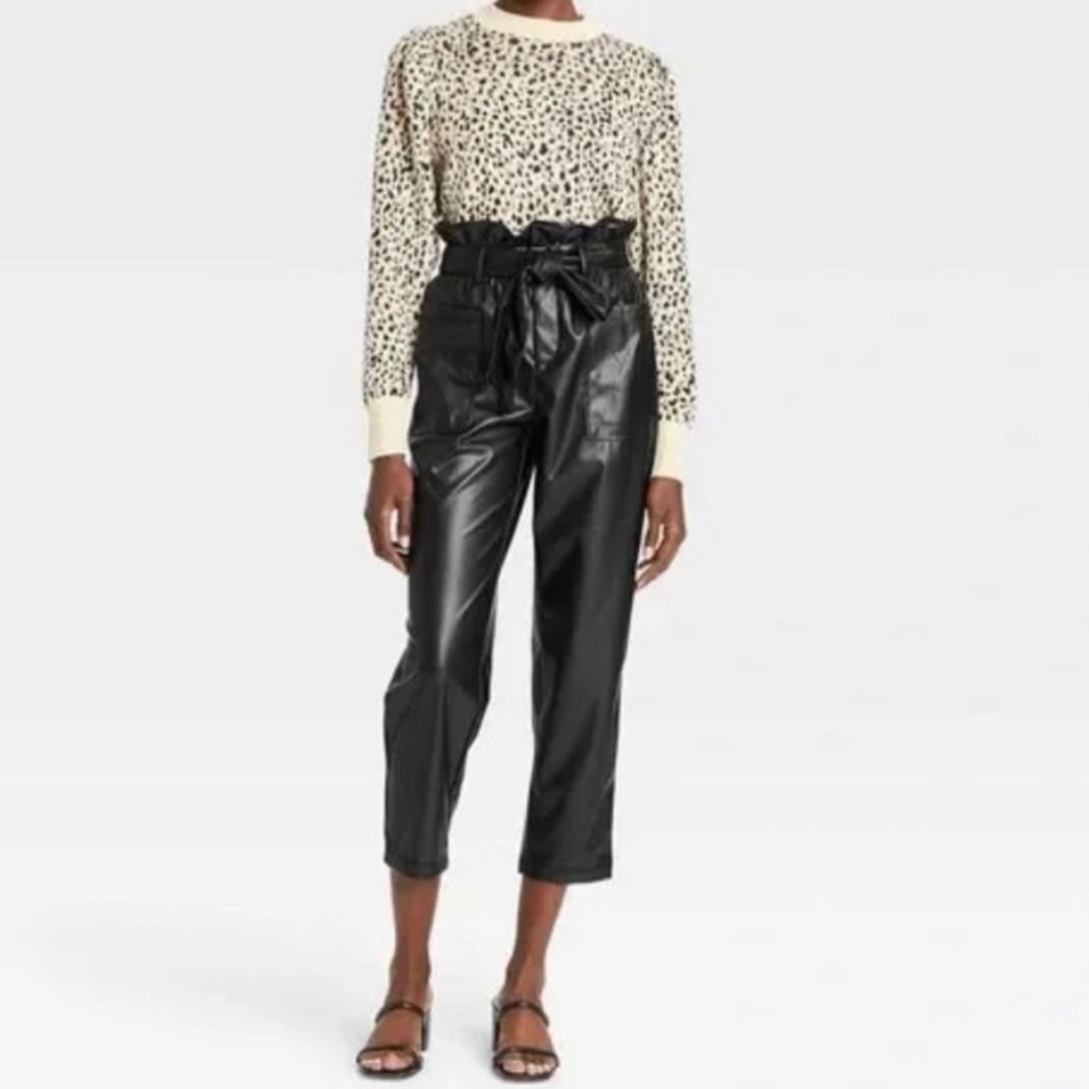 Who What Wear Black Faux Leather Belted Paper Bag Pants